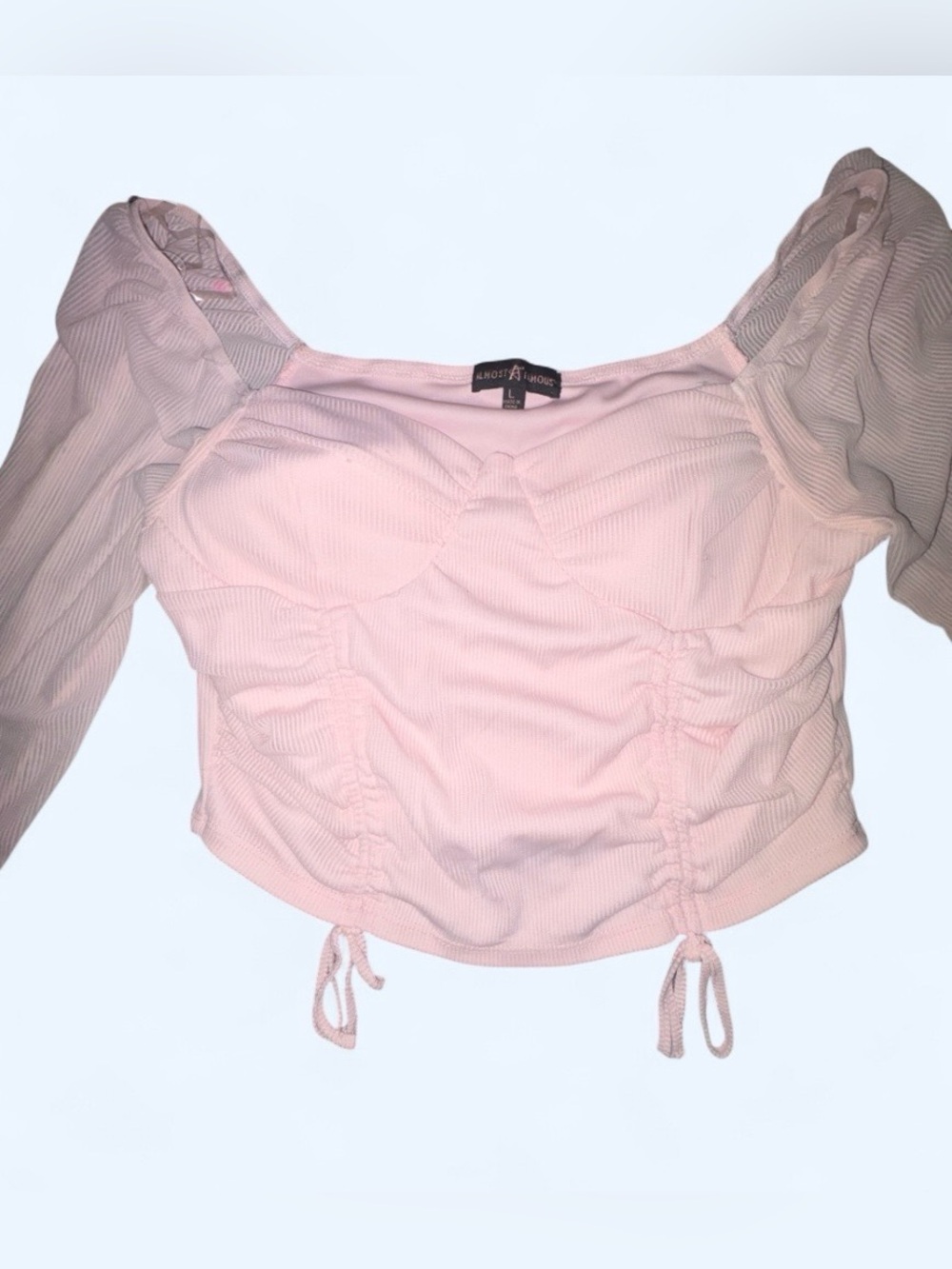 Almost Famous Pink Ruched Puff Sleeve Crop Top - Size Large